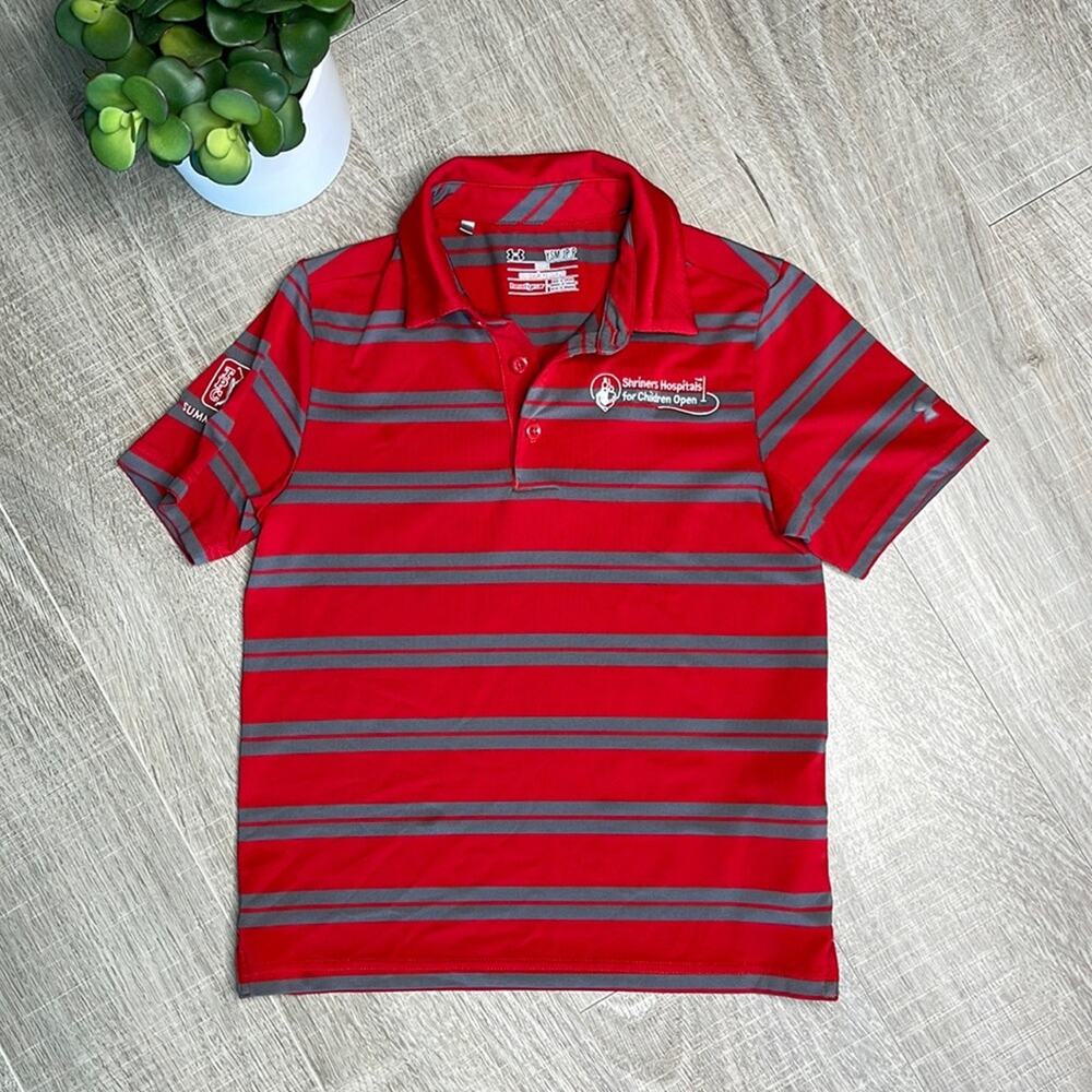 UNDER ARMOUR Boys Red Gray Striped Shriner’s Hospital Logo Polo Golf Shirt
